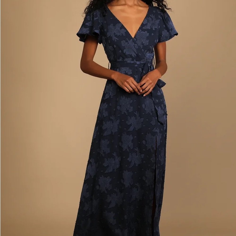 Lulu's Navy Blue Floral Maxi Wrap Dress